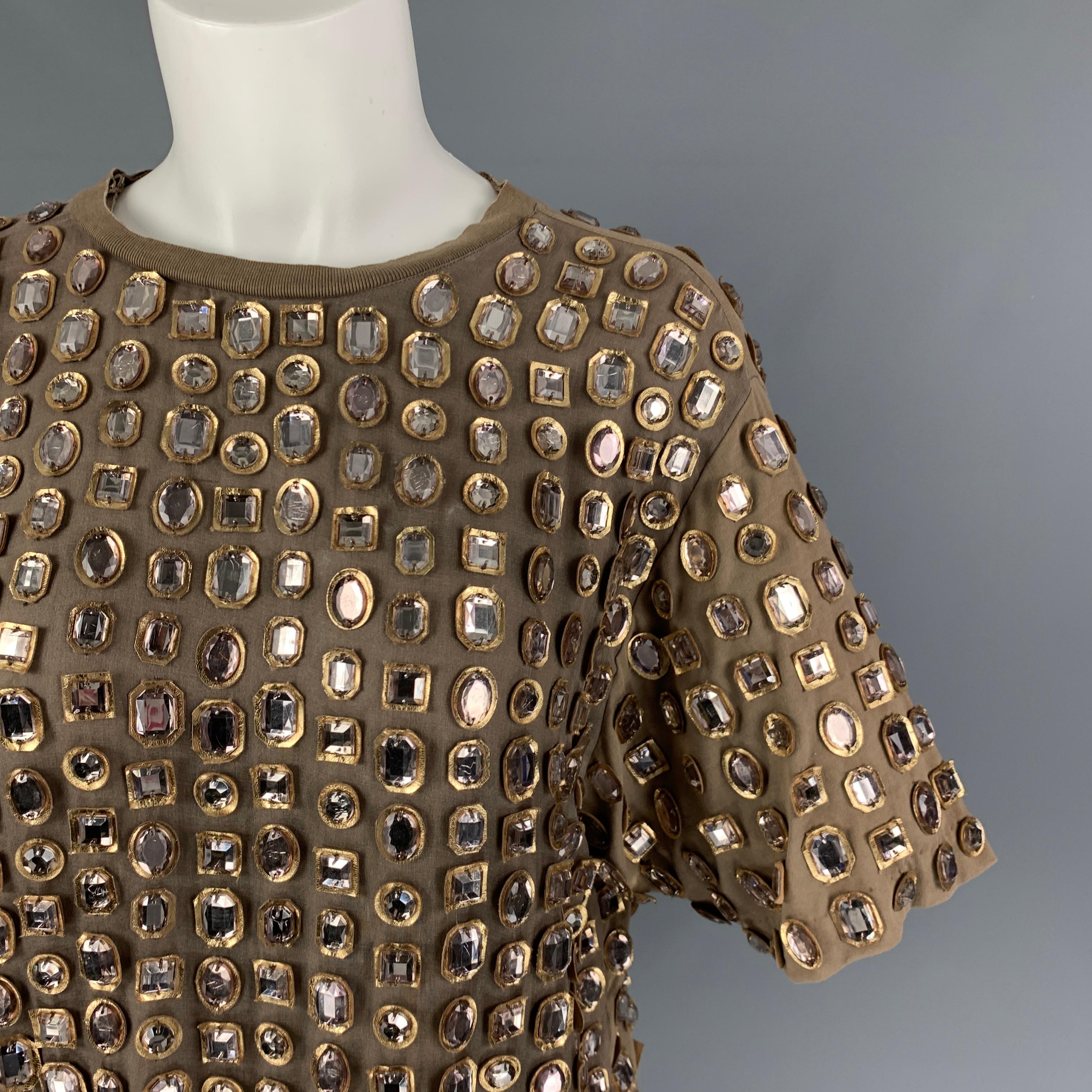GIVENCHY Size M Taupe Gold Rhinestones Short Sleeve Dress Top In Good Condition In San Francisco, CA