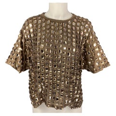 GIVENCHY Size M Taupe Gold Rhinestones Short Sleeve Dress Top