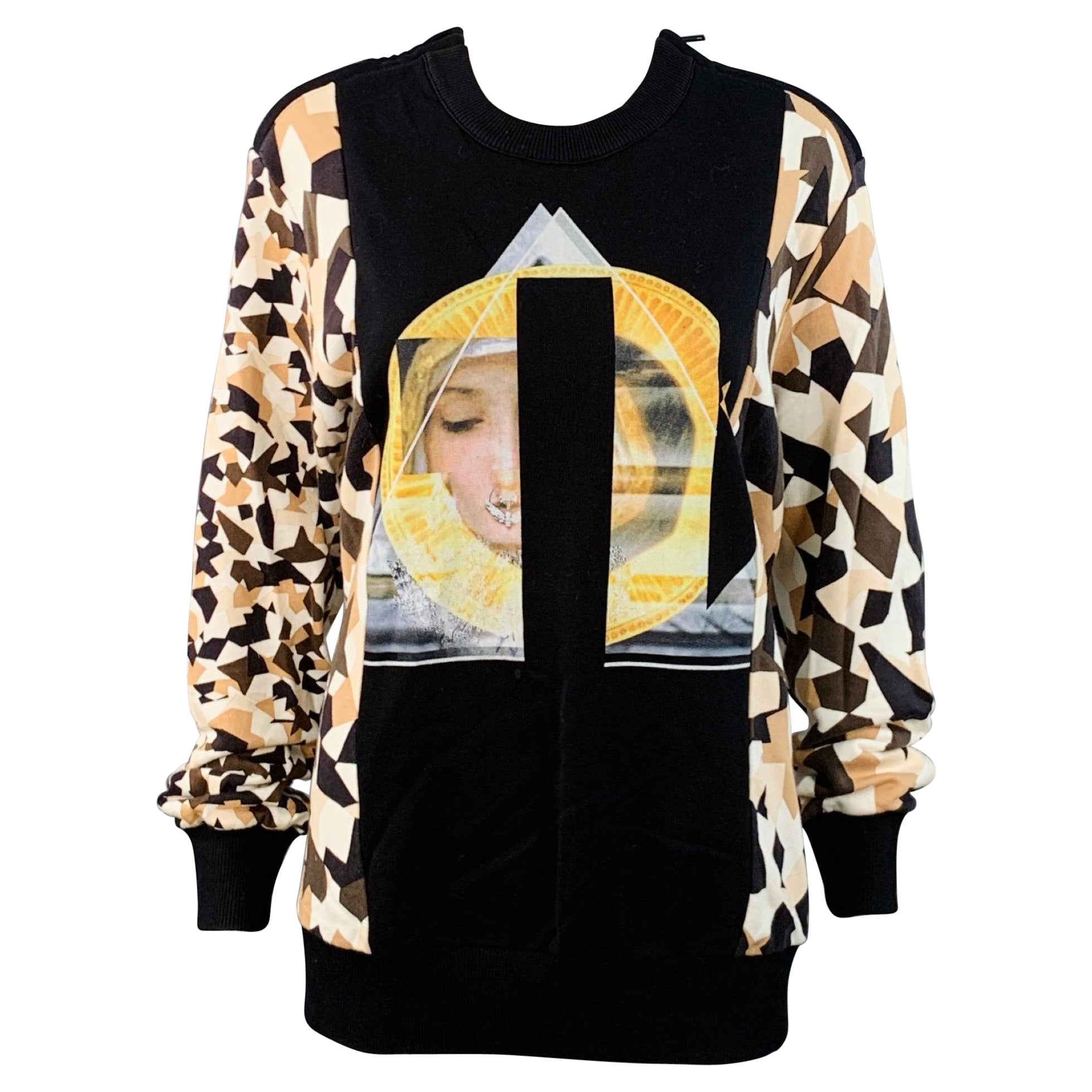 GIVENCHY Taille S Noir Marron Crème Coton Géométrique Col ras du cou Pullover en vente