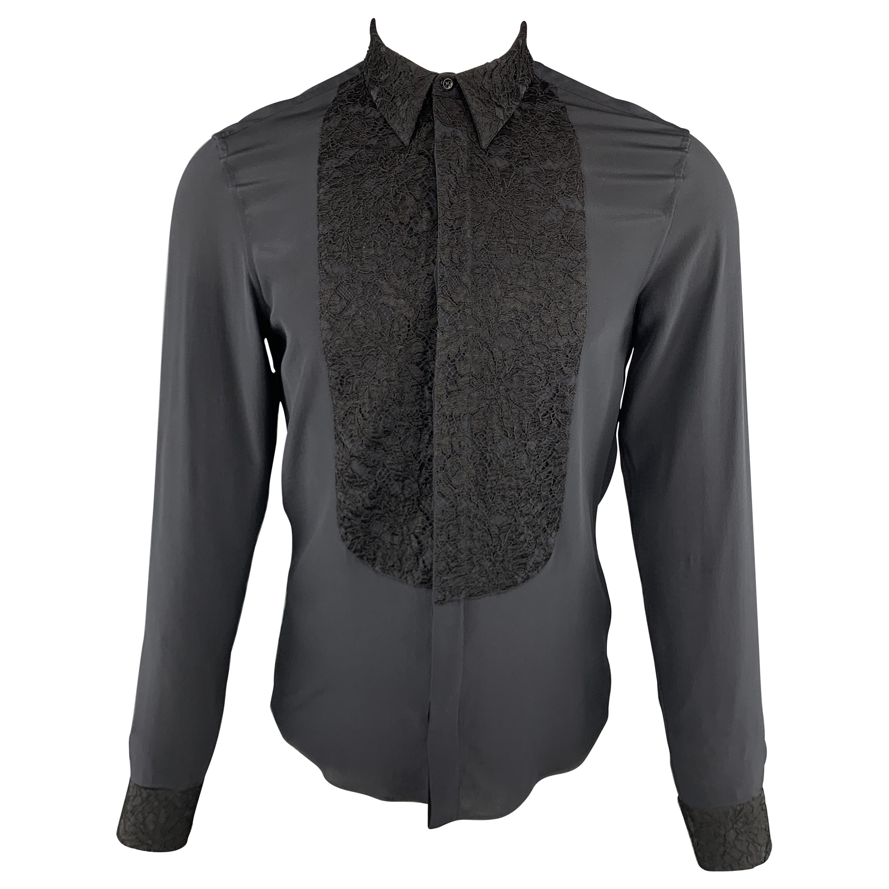 GIVENCHY Size S Black Silk Lace Bib Long Sleeve Tuxedo Shirt