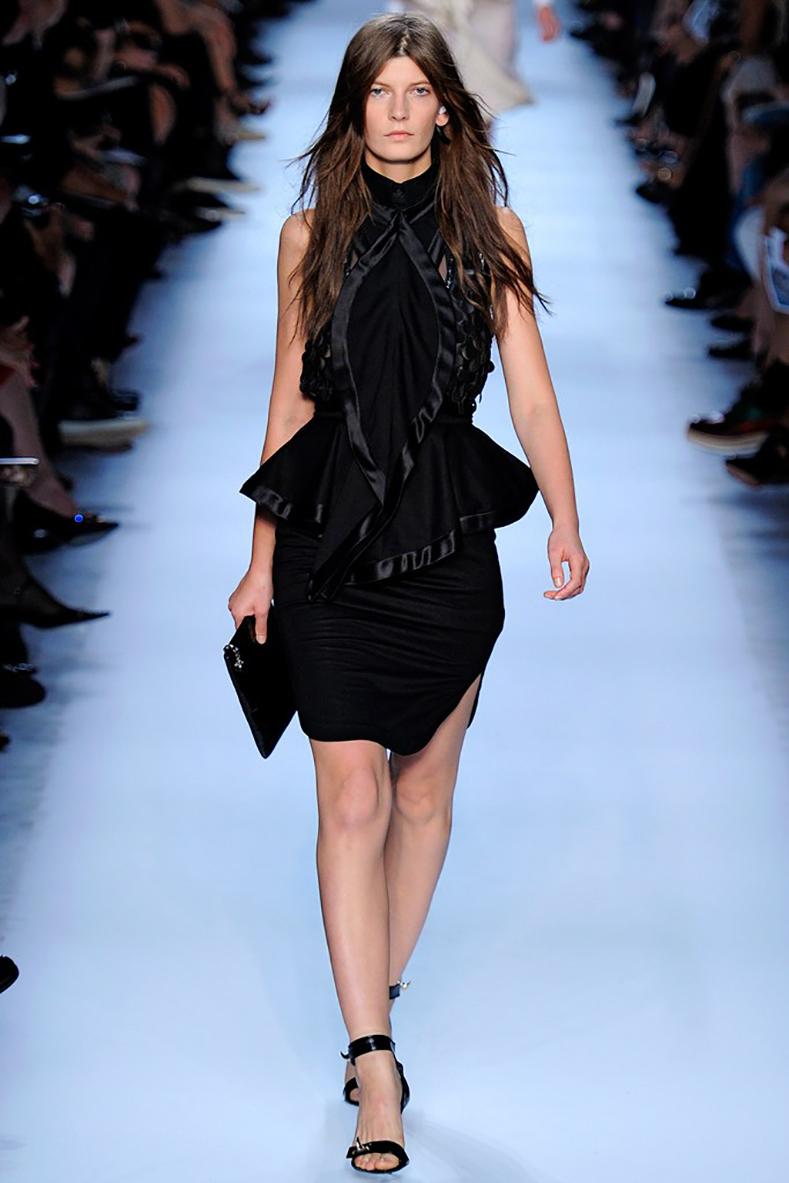 Givenchy Spring 2012 Runway Black Satin Seamed Dress.  Layered gathered design with racerback, and low cut-out sides.  Dress includes a matching Givenchy black strappy liner so sides are not open when worn.  Invisible centre back zipper, satin trim