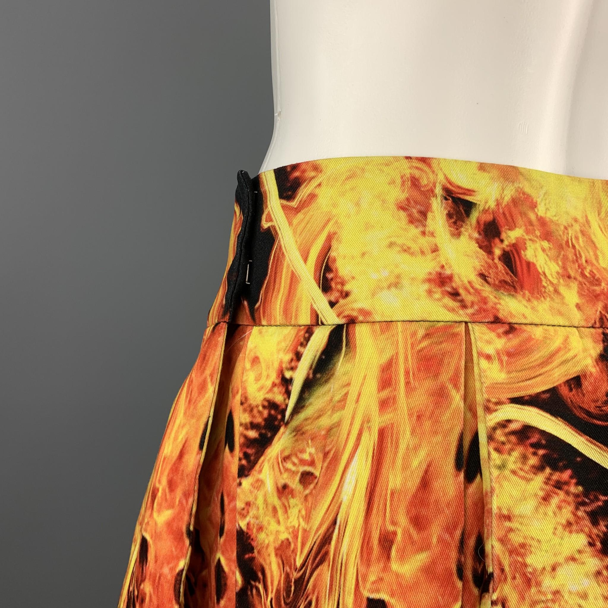 Orange GIVENCHY Spring 2014 Size 32 Black & Yellow Flames Cotton Pleated Kilt