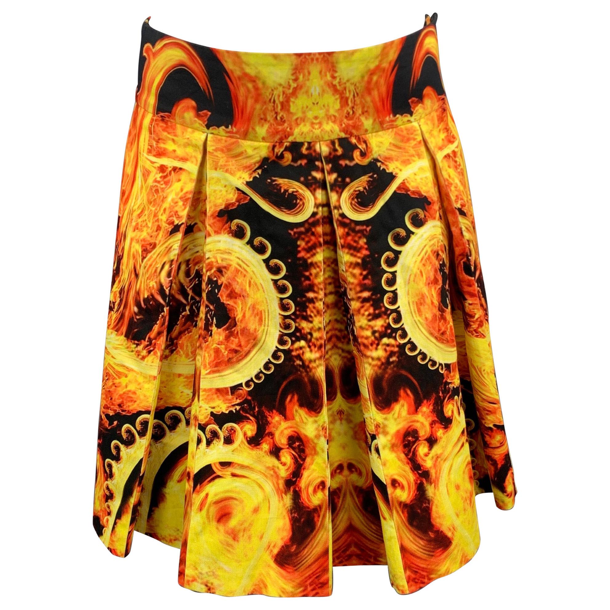 GIVENCHY Spring 2014 Size 32 Black & Yellow Flames Cotton Pleated Kilt