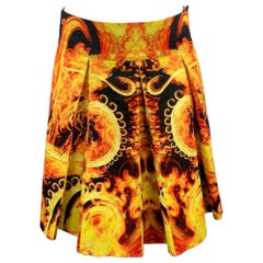 GIVENCHY Spring 2014 Size 32 Black & Yellow Flames Cotton Pleated Kilt