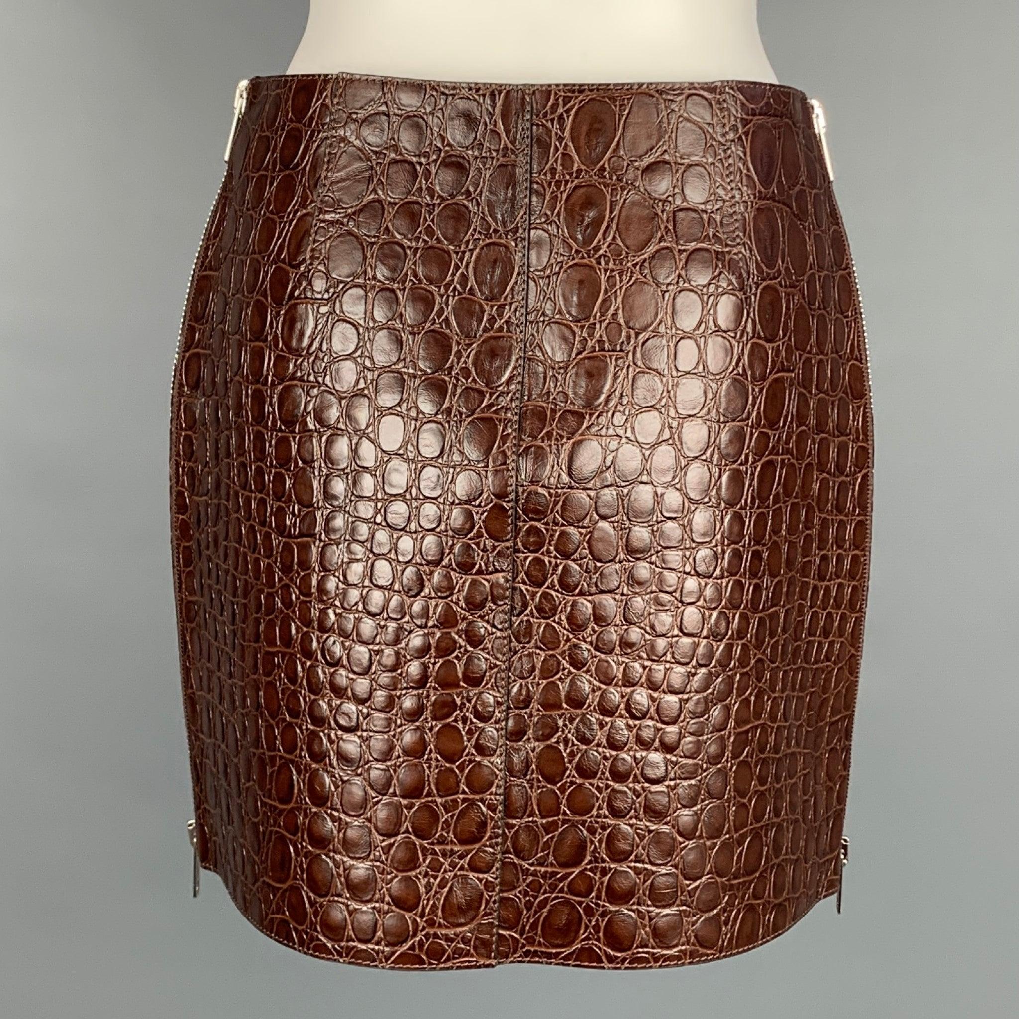 Women's GIVENCHY SS 2021 Size 4 Brown Crocodile Effect Vintage Leather Mini Skirt For Sale