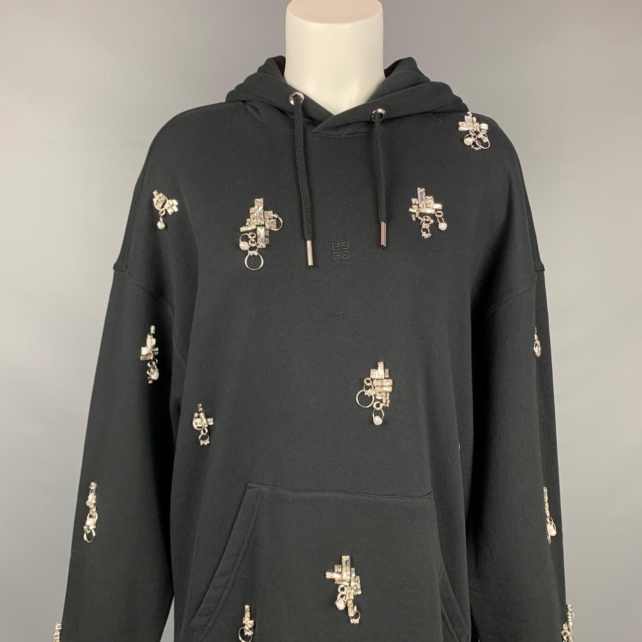 GIVENCHY SS 2021 Size XS Crystal Embellishment Cotton Oversized Hooded Pullover In Excellent Condition For Sale In San Francisco, CA