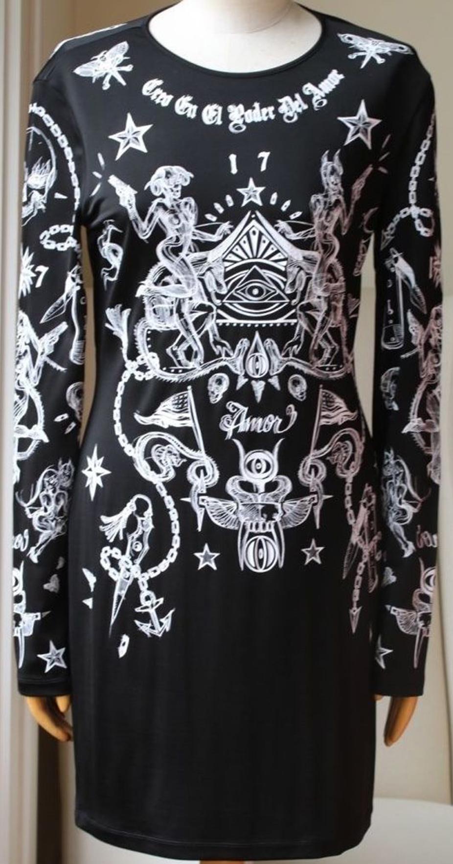 This black and white jersey Givenchy dress is patterned with Riccardo Tisci's new season tattoo print. It embodies the label's streetwear edge and features an assortment of tattoo iconography including skulls, stars and chains. Cut for a slim fit,