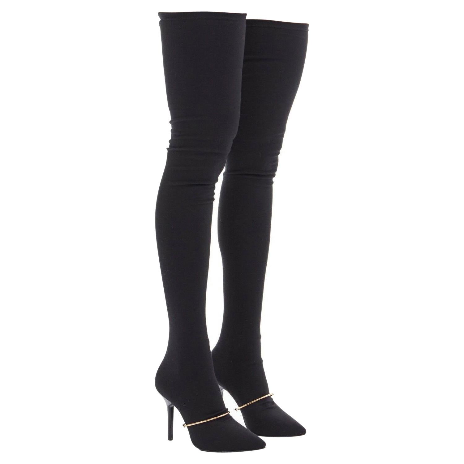 GIVENCHY TISCI 2012 black stretch sock gold bar point over knee thigh boot EU38