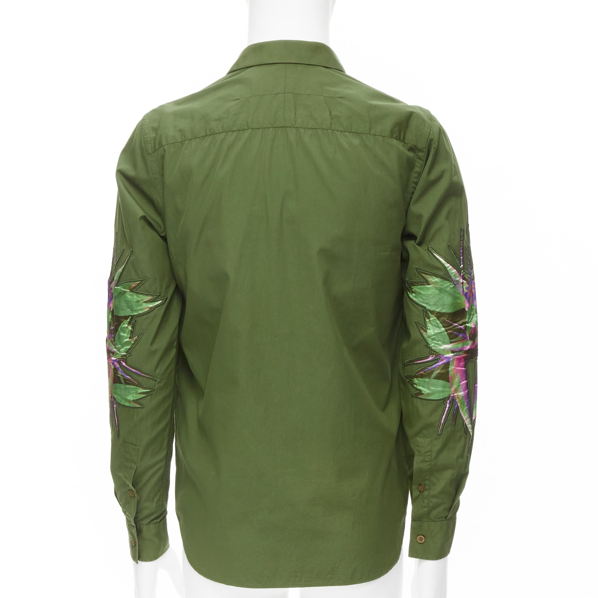 Brown GIVENCHY Tisci 2012 green cotton Birds of Paradise patch sleeve shirt S For Sale