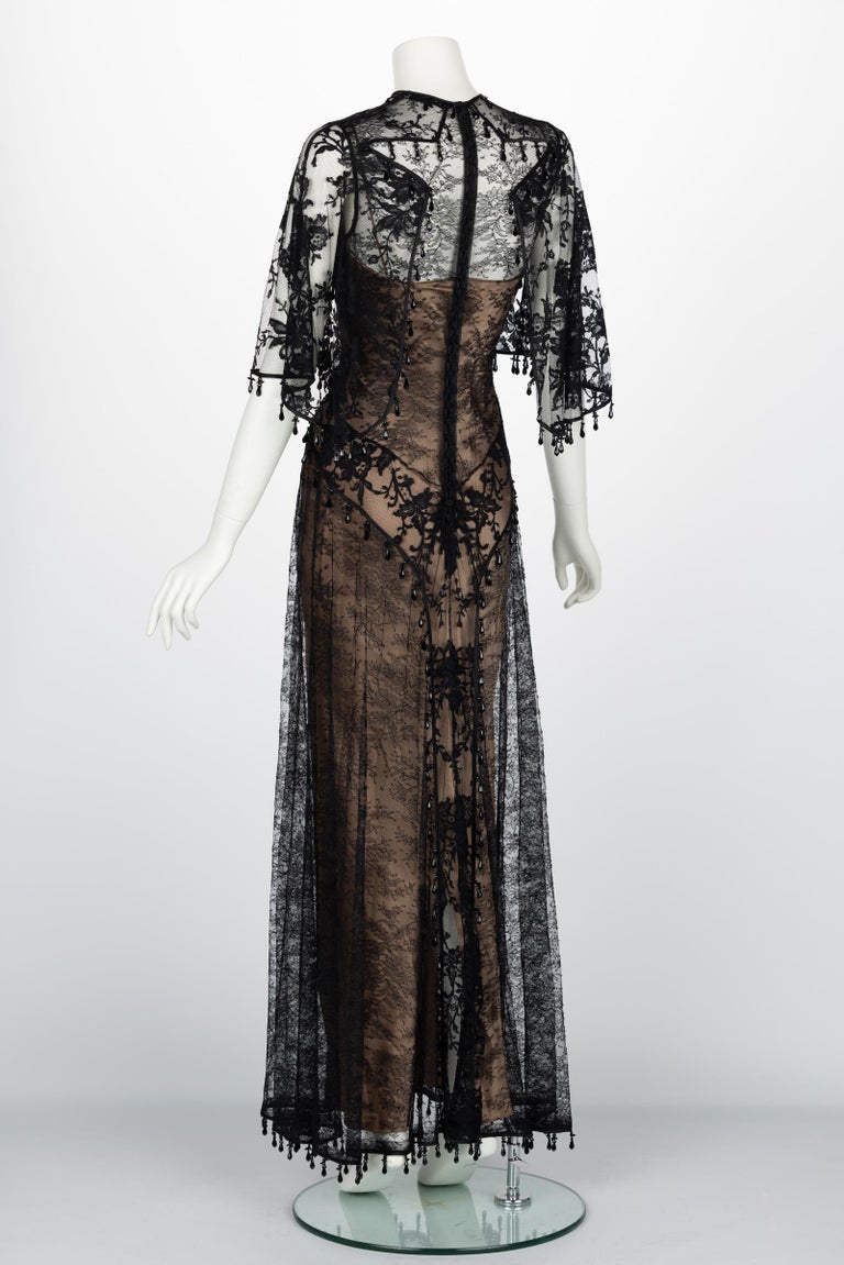 Women's or Men's Givenchy Tisci Black Beaded Chantilly Lace Capelet Gown Pre-Fall 2017 For Sale