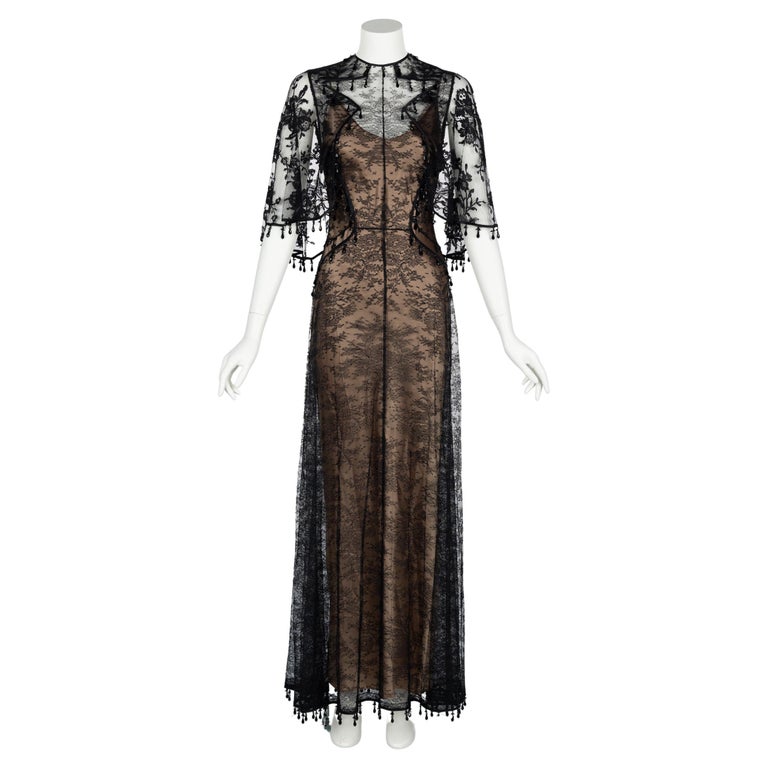 Givenchy Tisci Black Beaded Chantilly Lace Capelet Gown Pre-Fall 2017 For Sale