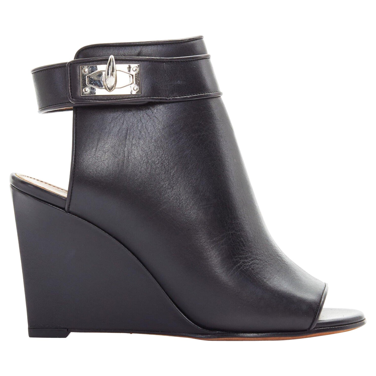 GIVENCHY TISCI black leather peep toe silver shark tooth lock wedge EU36 US6