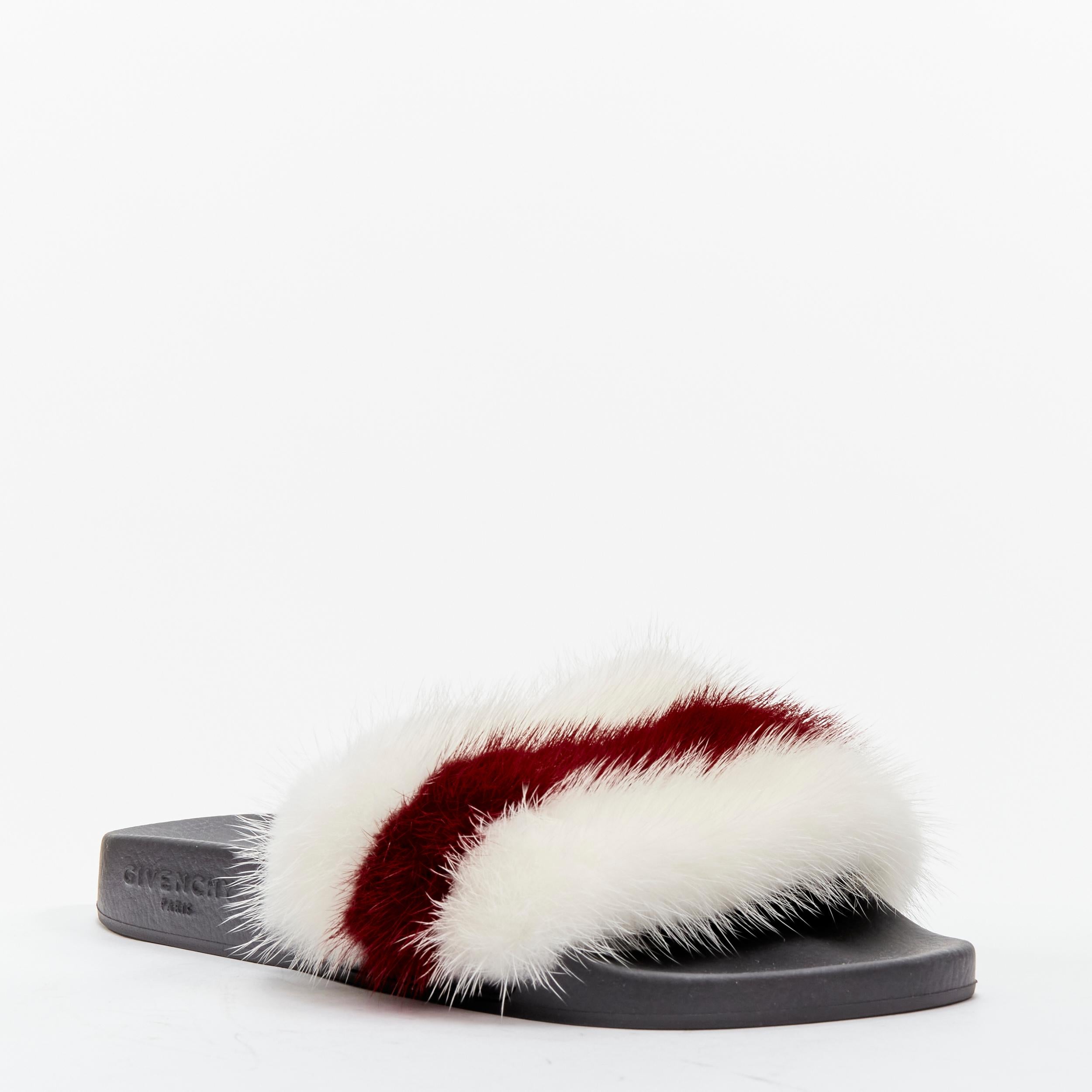 GIVENCHY Tisci fox fur red white stripes debossed logo black pool slides EU38 In Excellent Condition For Sale In Hong Kong, NT