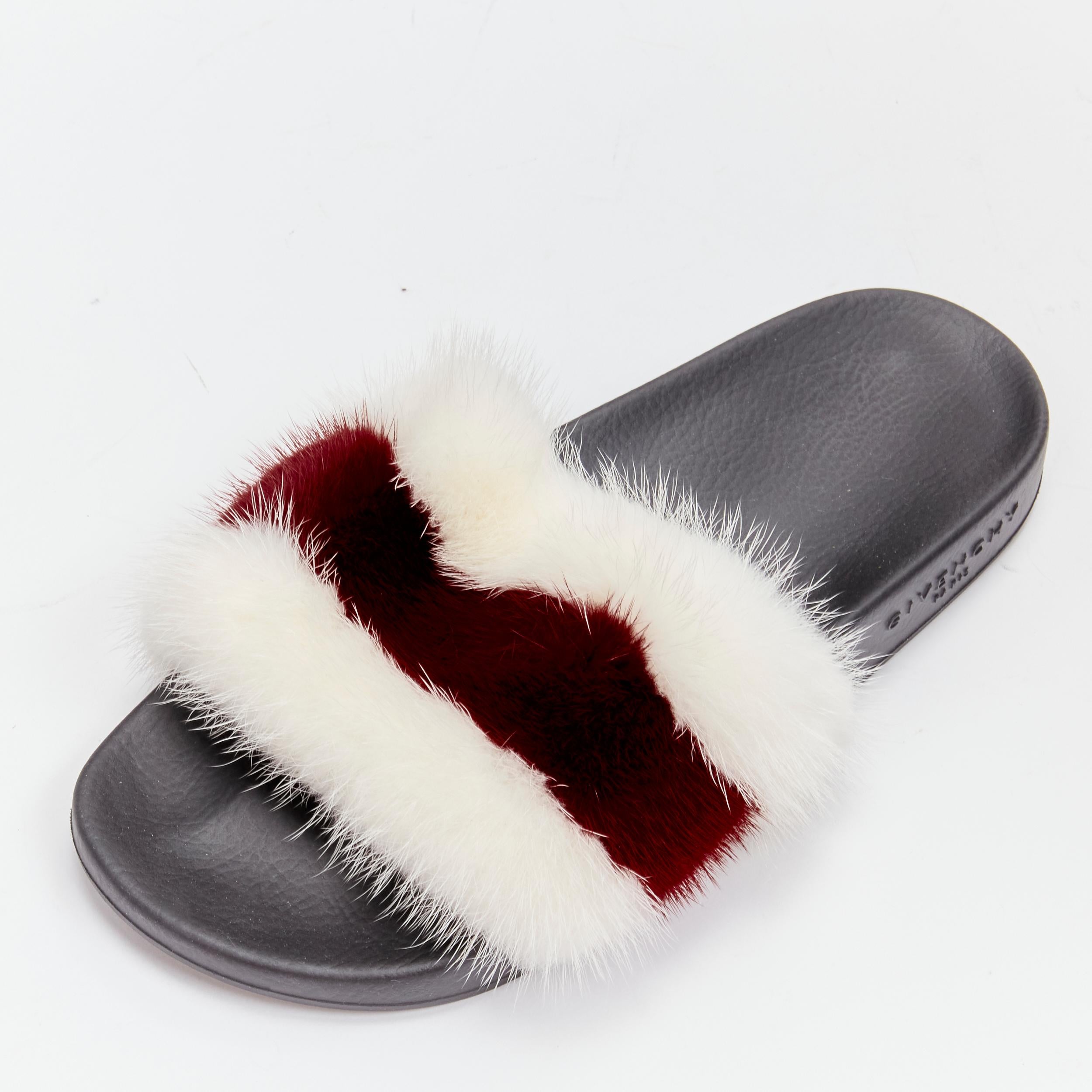 GIVENCHY Tisci schwarze Pool slides mit rot-weißen Streifen und geprägtem Logo aus Fuchspelz EU38 im Angebot 2