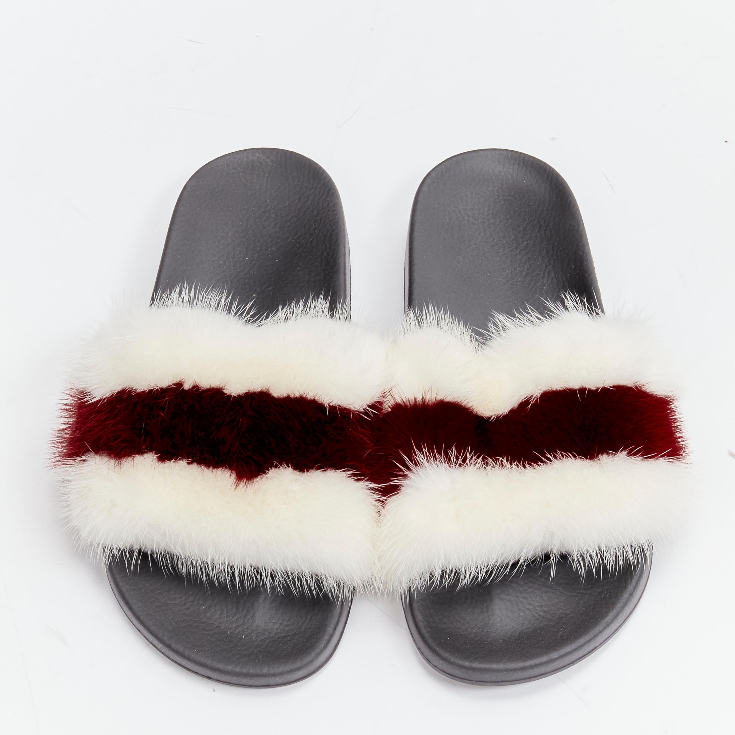 GIVENCHY Tisci fox fur red white stripes debossed logo black pool slides EU38 For Sale