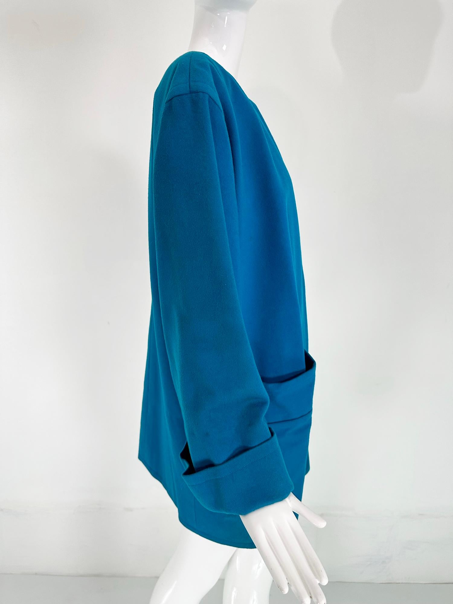 Blue Givenchy Turquoise Wool Open Front Swing Coat with Angled Pockets 1980s For Sale