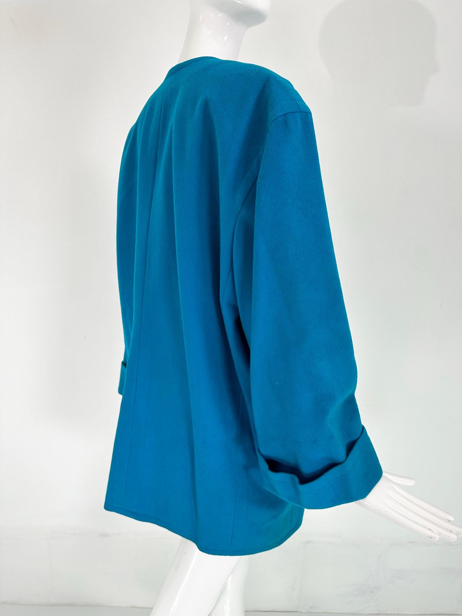 Givenchy Turquoise Wool Open Front Swing Coat with Angled Pockets 1980s In Good Condition For Sale In West Palm Beach, FL