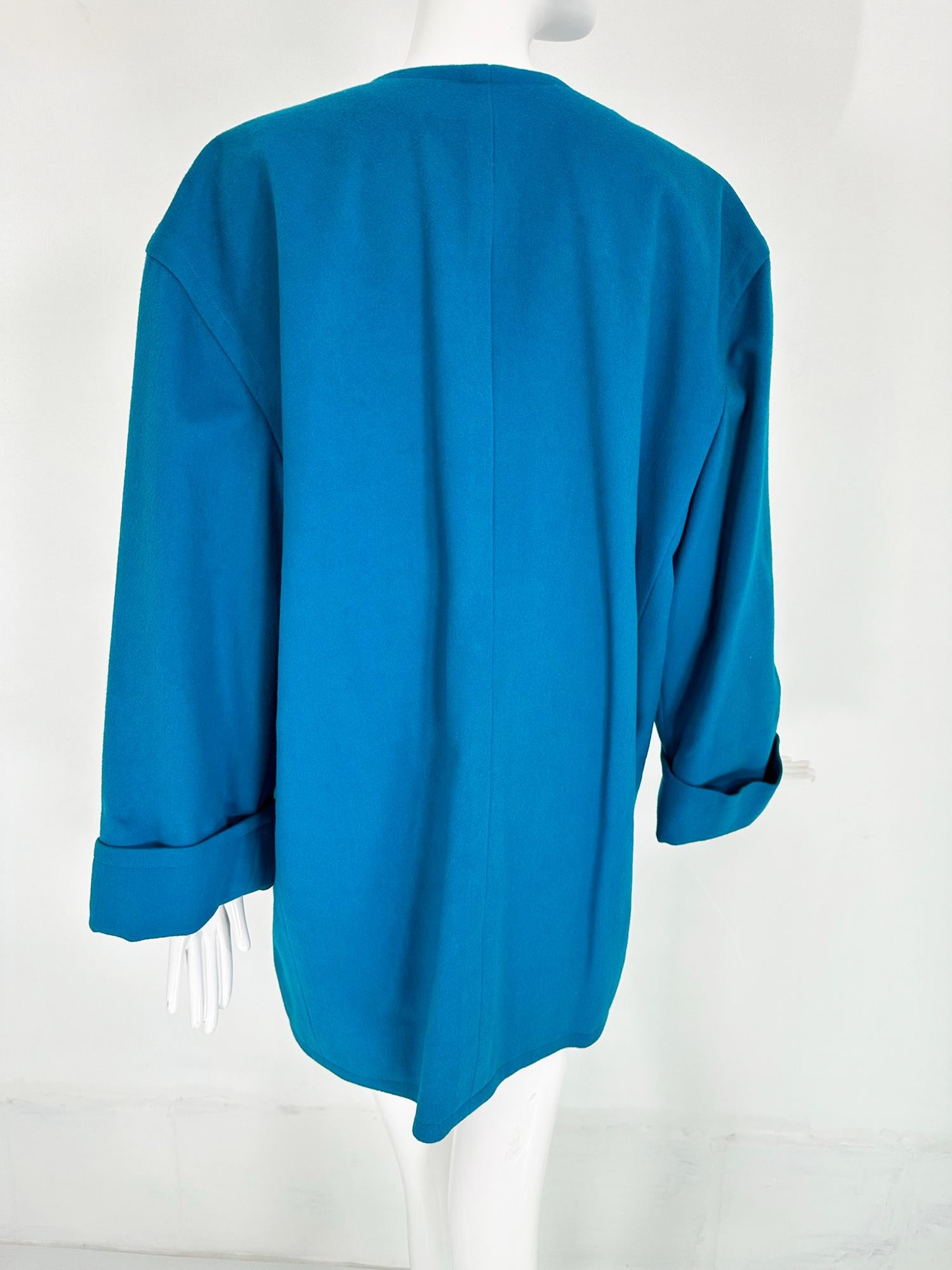 Women's Givenchy Turquoise Wool Open Front Swing Coat with Angled Pockets 1980s For Sale