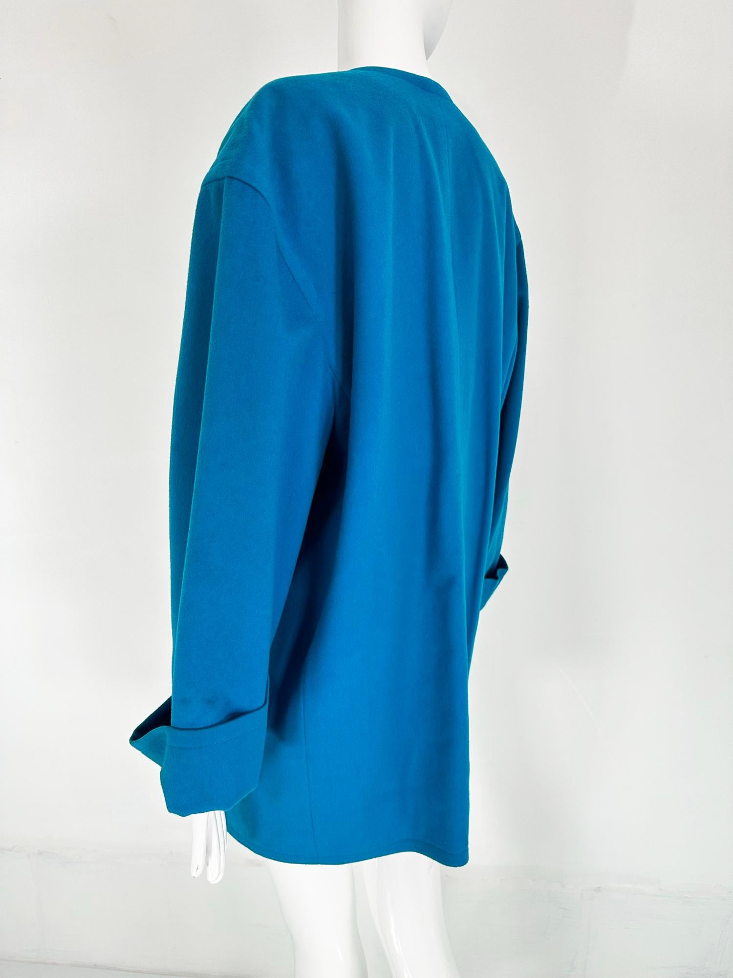 Givenchy Turquoise Wool Open Front Swing Coat with Angled Pockets 1980s For Sale 1