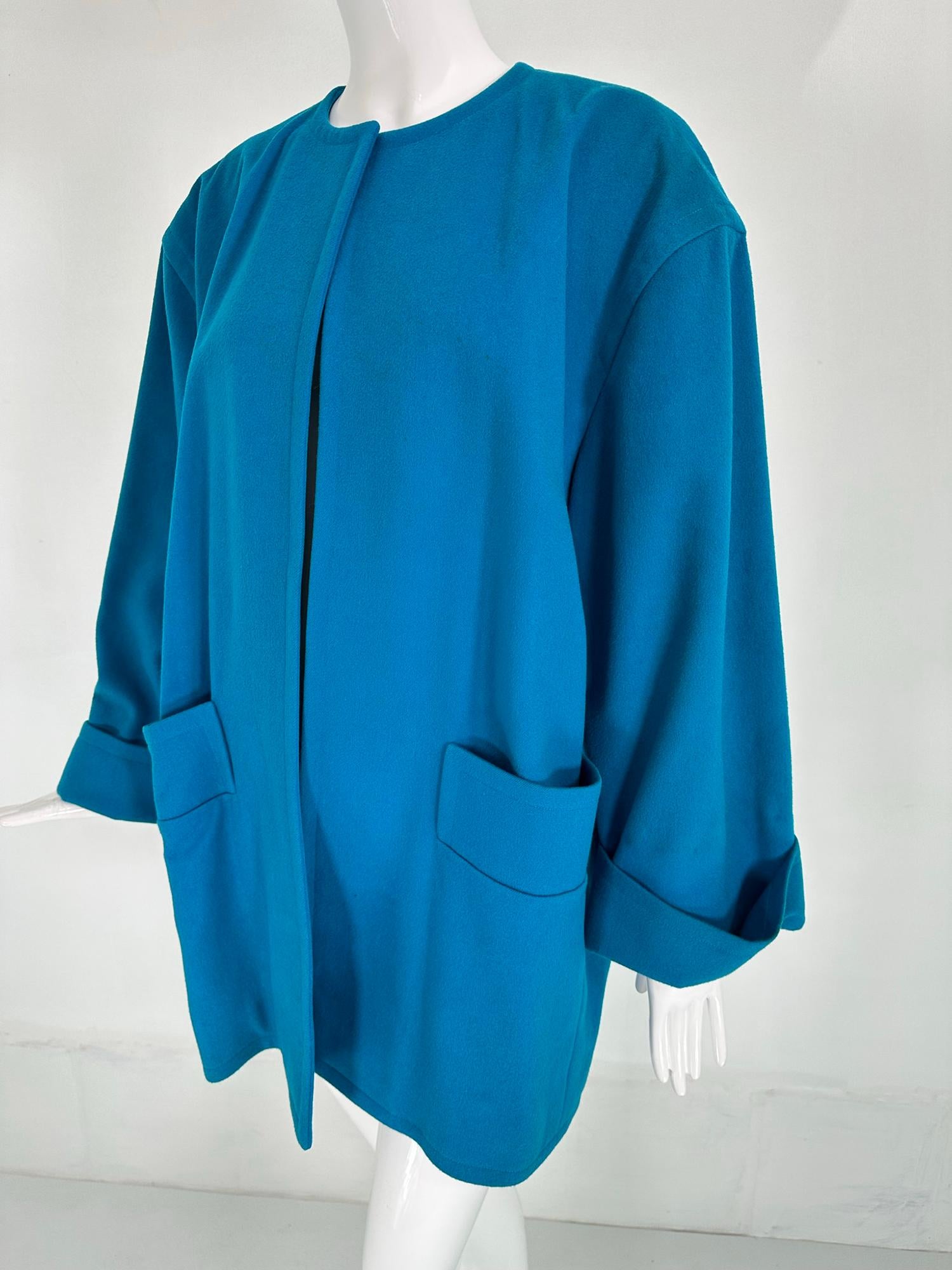 Givenchy Turquoise Wool Open Front Swing Coat with Angled Pockets 1980s For Sale 4