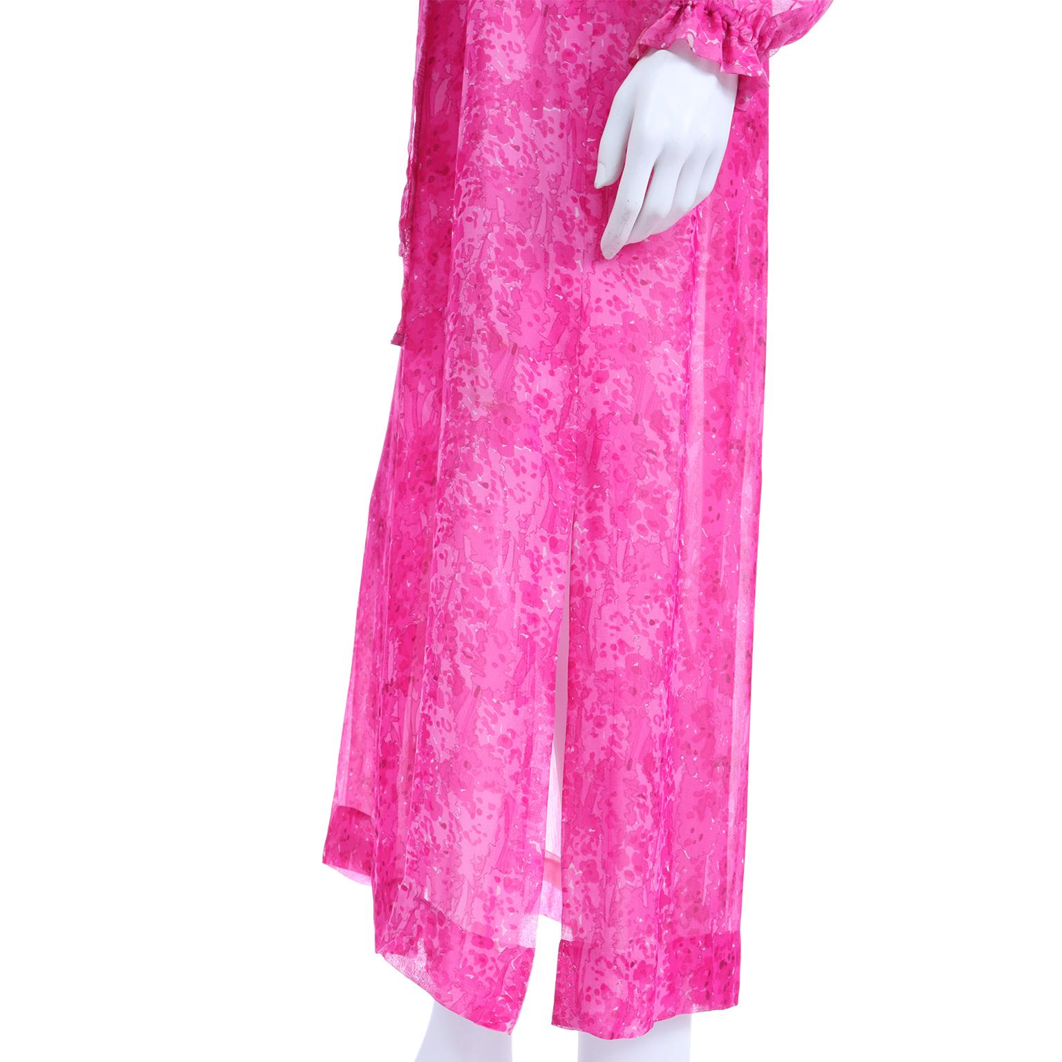Givenchy Vintage 1970s Sheer Pink Watercolor Print Silk Dress w Sash & Open back 6