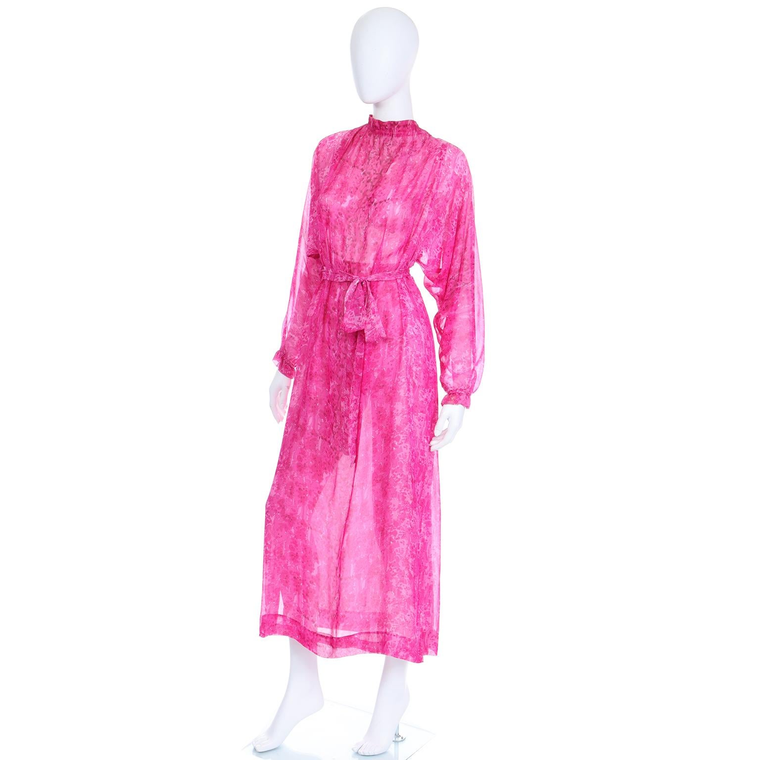 Givenchy Vintage 1970s Sheer Pink Watercolor Print Silk Dress w Sash & Open back In Excellent Condition In Portland, OR
