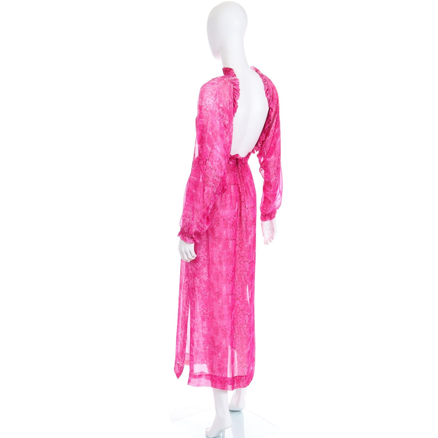 Women's Givenchy Vintage 1970s Sheer Pink Watercolor Print Silk Dress w Sash & Open back