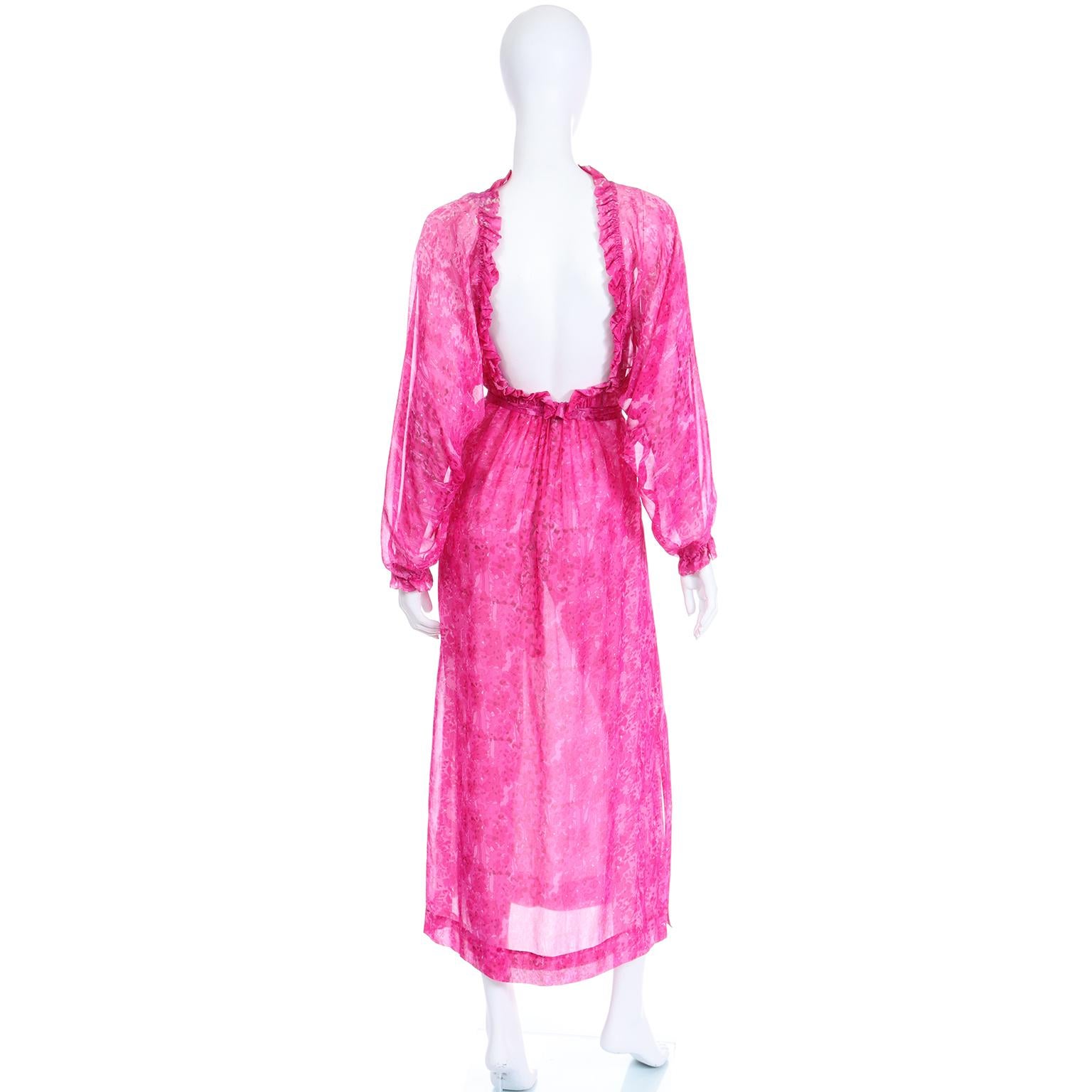 Givenchy Vintage 1970s Sheer Pink Watercolor Print Silk Dress w Sash & Open back 1
