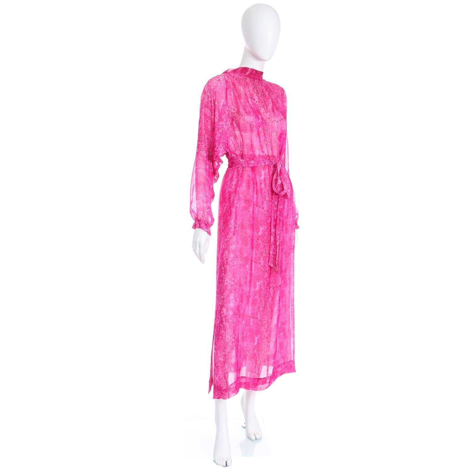 Givenchy Vintage 1970s Sheer Pink Watercolor Print Silk Dress w Sash & Open back 2