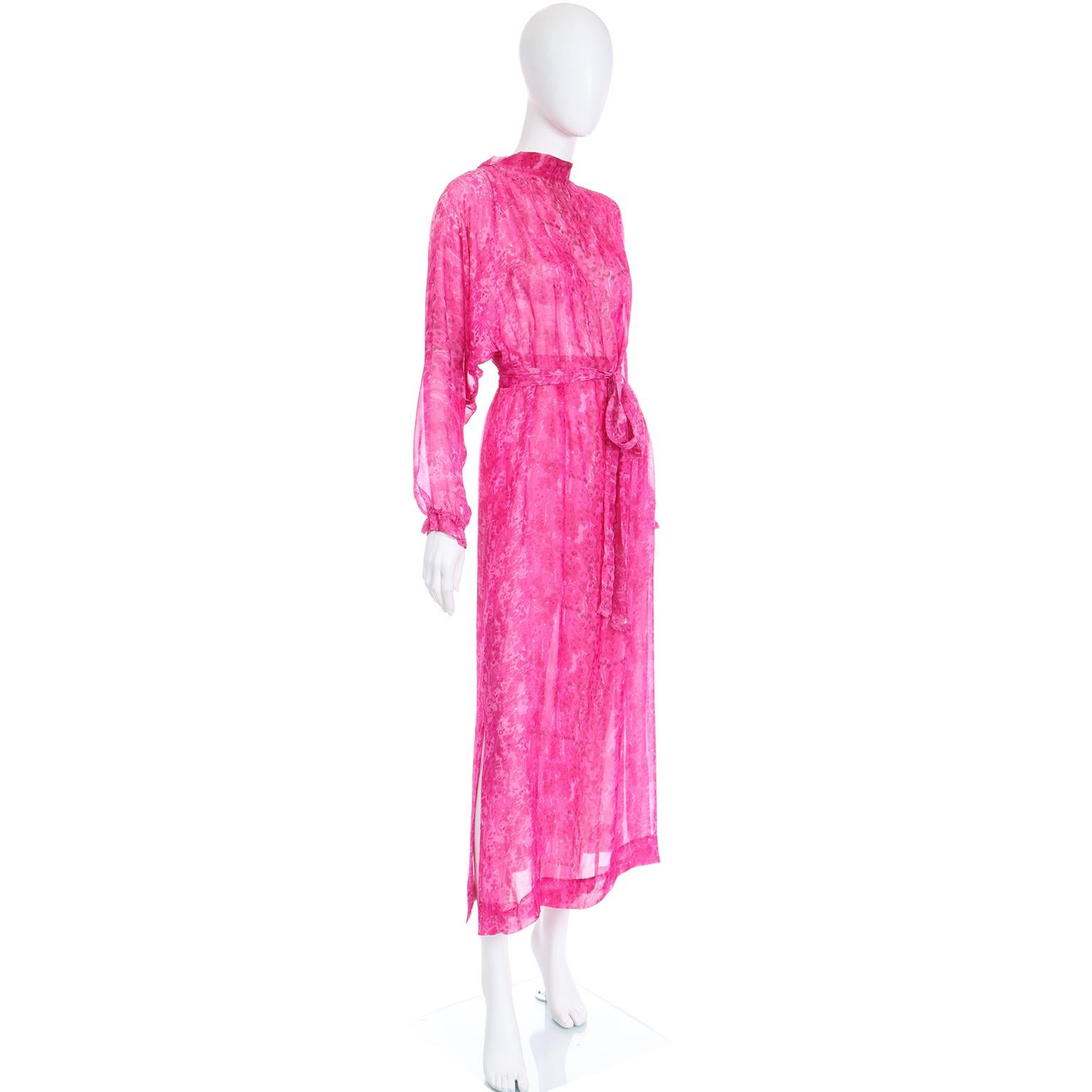 Givenchy Vintage 1970s Sheer Pink Watercolor Print Silk Dress w Sash & Open back 3