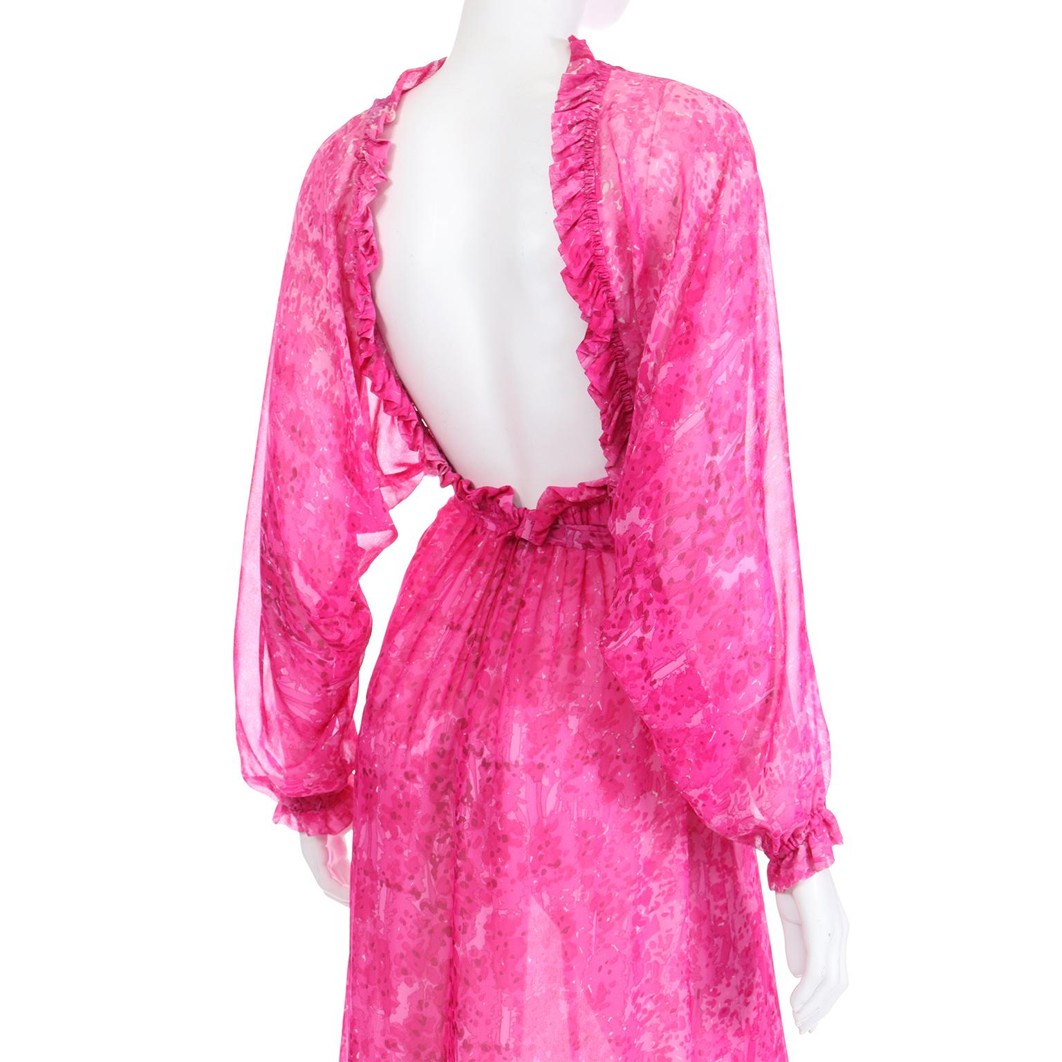 Givenchy Vintage 1970s Sheer Pink Watercolor Print Silk Dress w Sash & Open back 4