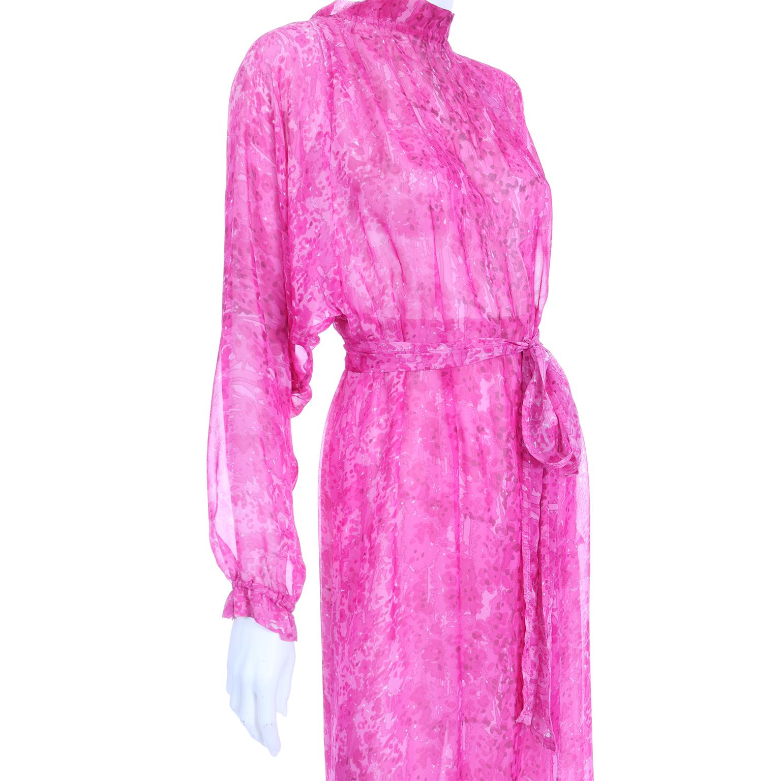 Givenchy Vintage 1970s Sheer Pink Watercolor Print Silk Dress w Sash & Open back 5