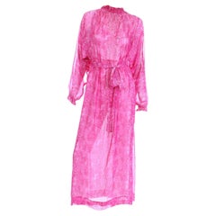 Givenchy Vintage 1970s Sheer Pink Watercolor Print Silk Dress w Sash & Open back