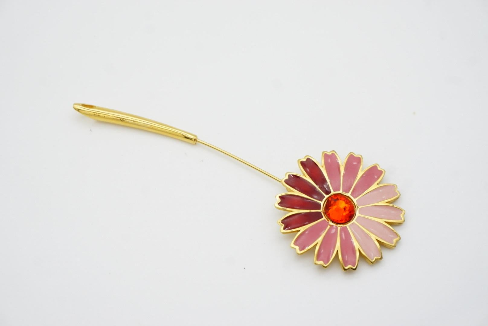 Givenchy Vintage 1979 Gripoix Red Crystal Pink Enamel Daisy Flower Long Brooch For Sale 5