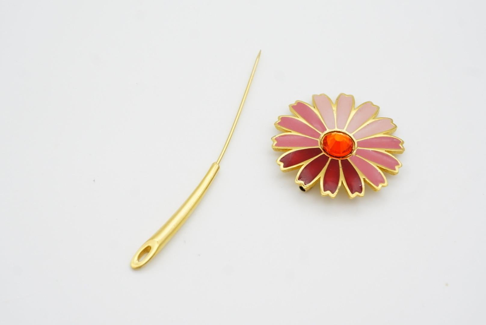 Givenchy Vintage 1979 Gripoix Red Crystal Pink Enamel Daisy Flower Long Brooch For Sale 7