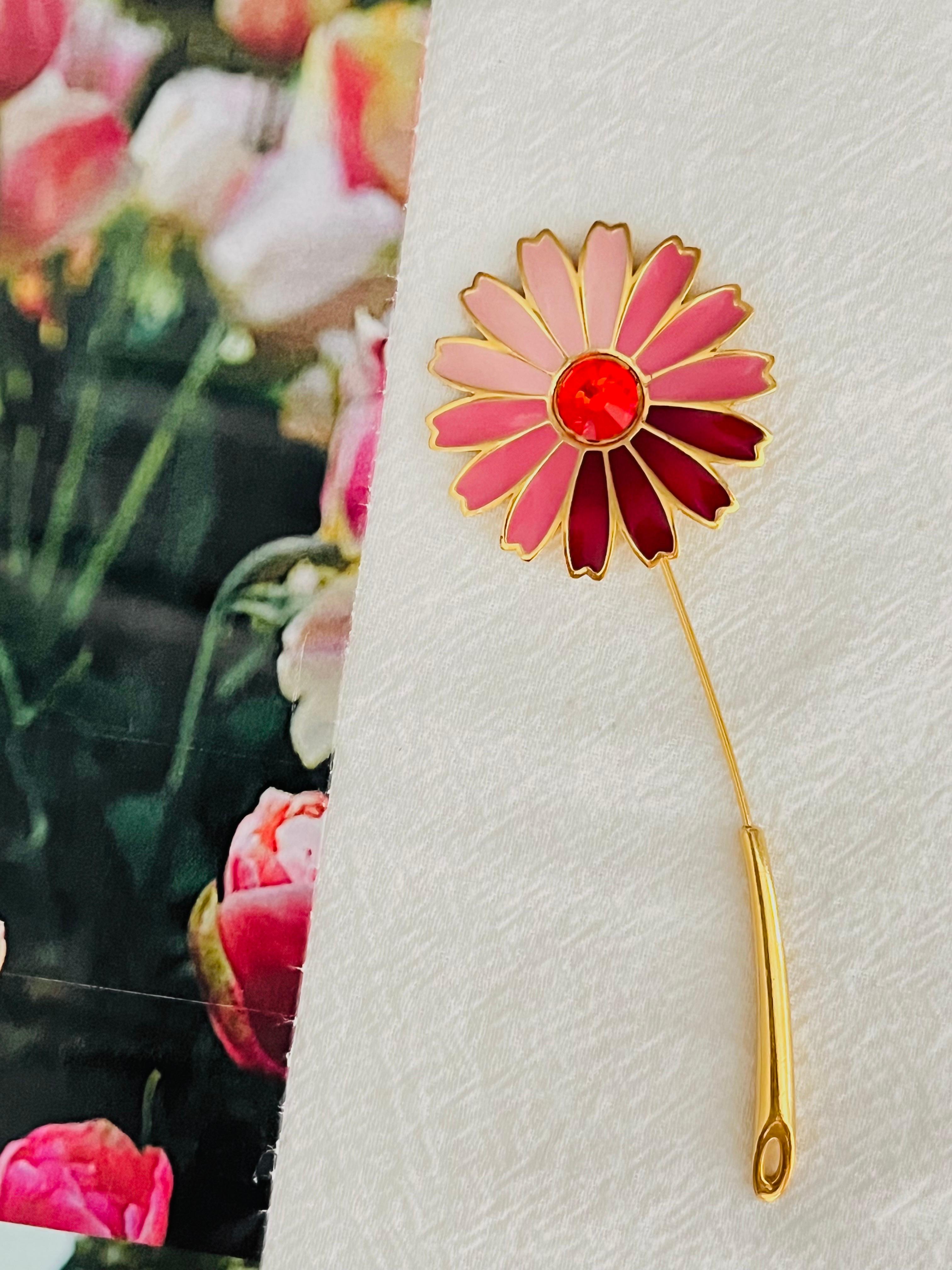 Art Deco Givenchy Vintage 1979 Gripoix Red Crystal Pink Enamel Daisy Flower Long Brooch For Sale