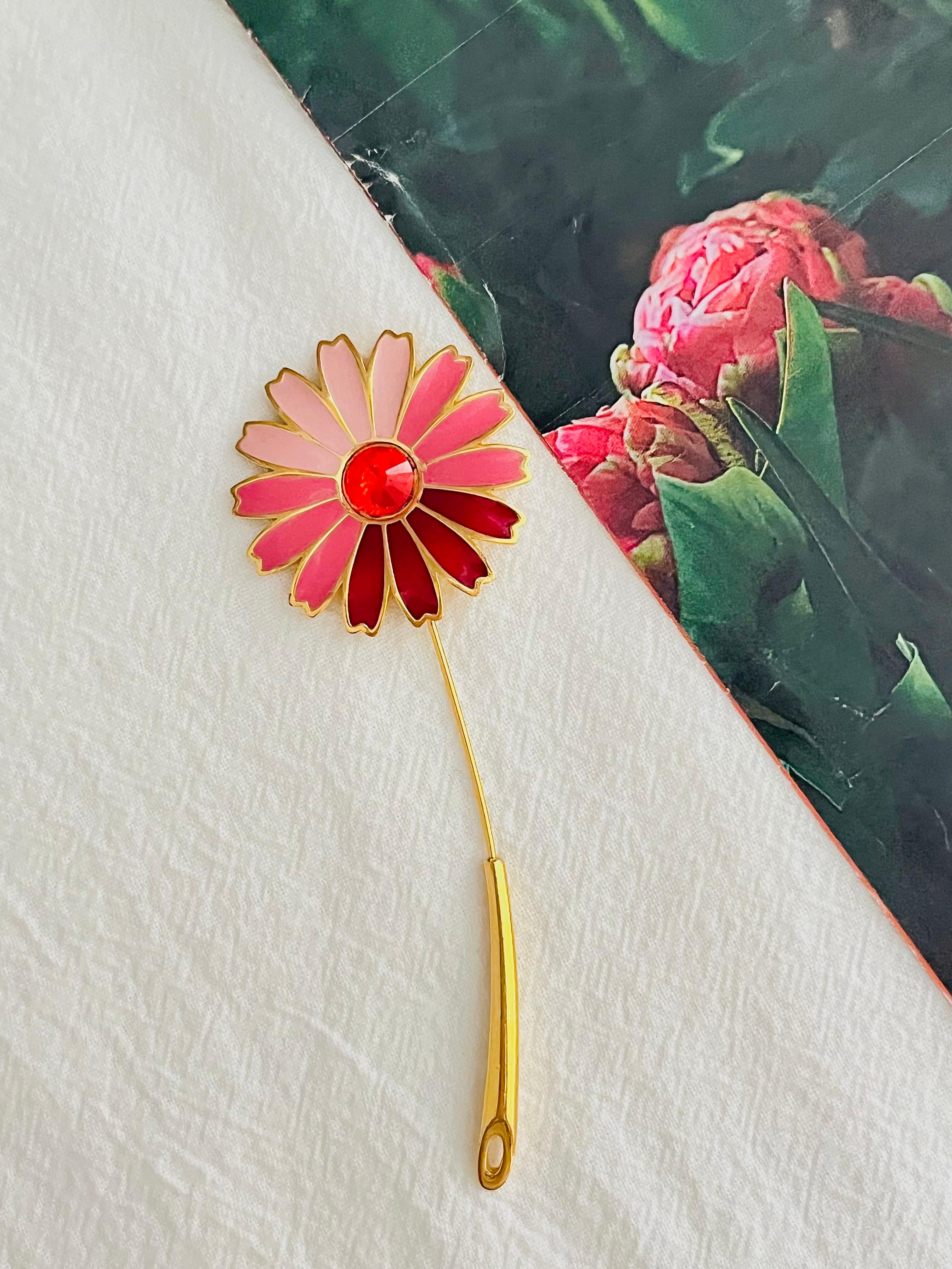 Givenchy Vintage 1979 Gripoix Red Crystal Pink Enamel Daisy Flower Long Brooch In Good Condition For Sale In Wokingham, England