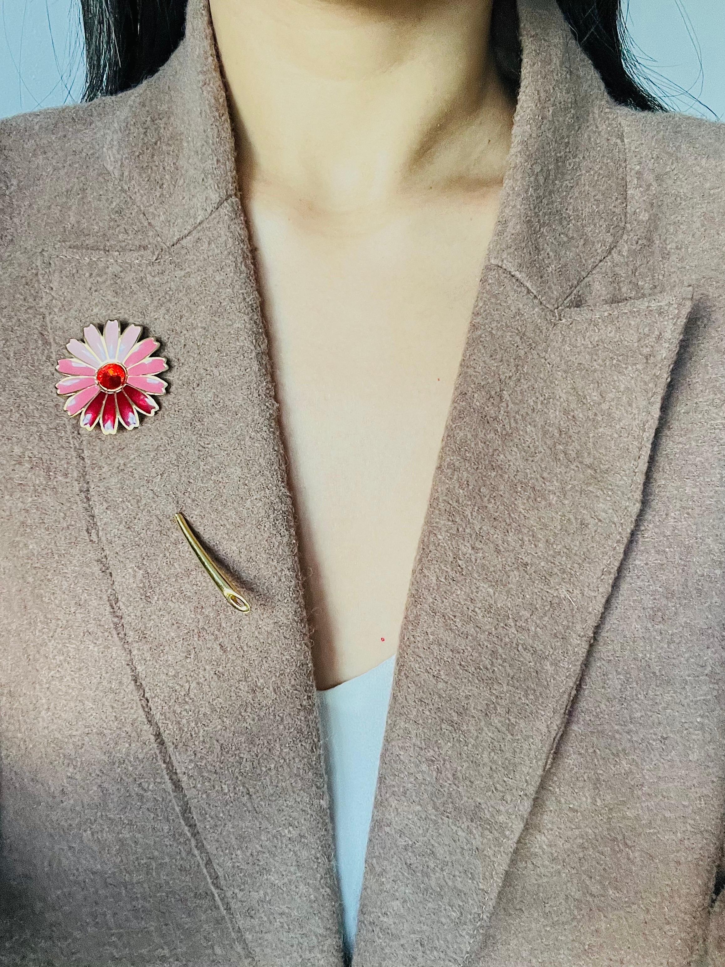 Women's or Men's Givenchy Vintage 1979 Gripoix Red Crystal Pink Enamel Daisy Flower Long Brooch For Sale