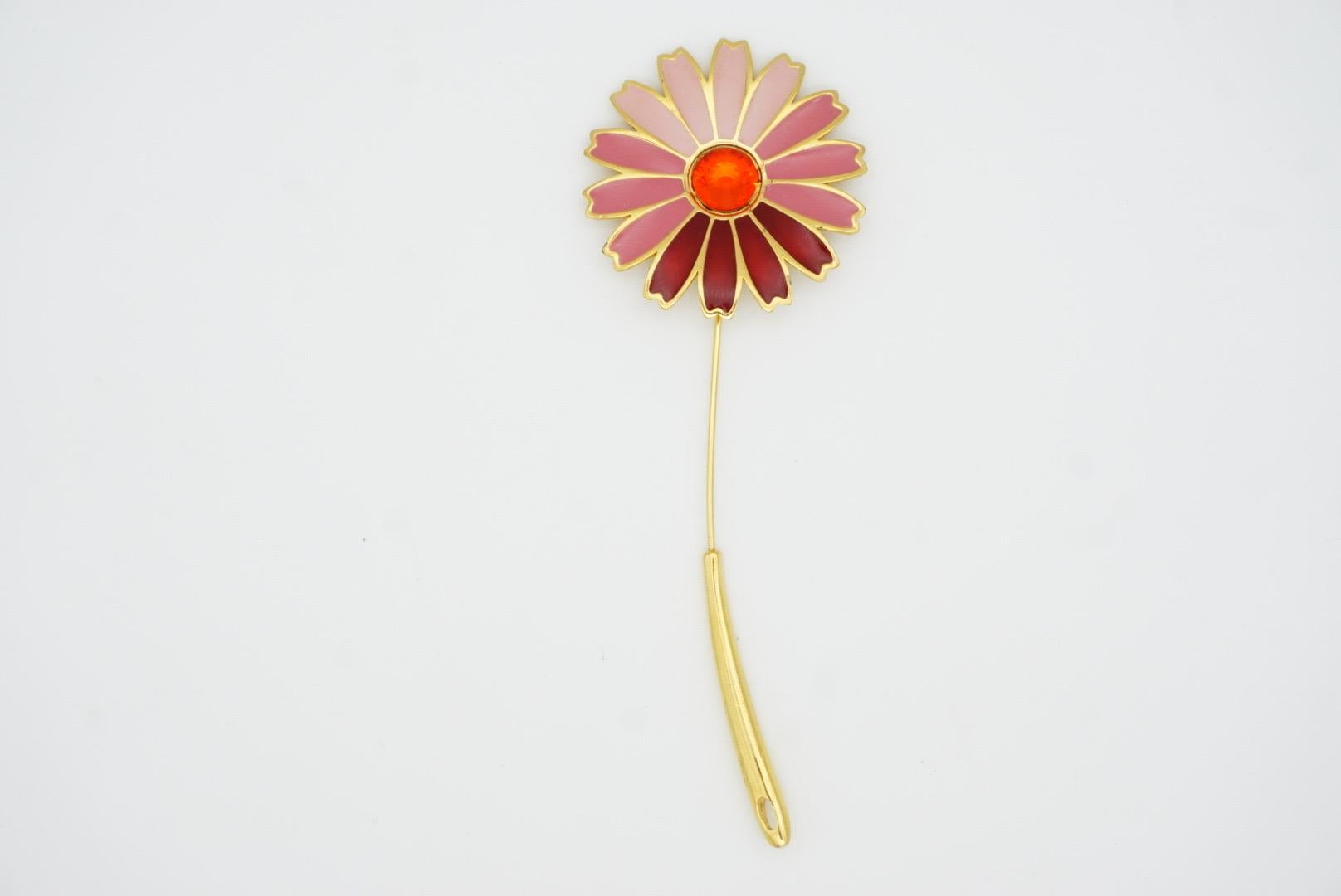 Givenchy Vintage 1979 Gripoix Red Crystal Pink Enamel Daisy Flower Long Brooch For Sale 3