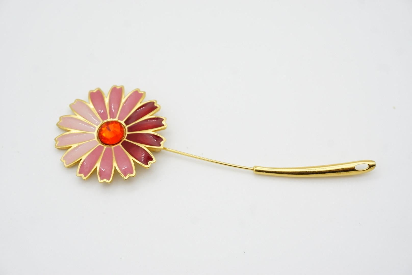 Givenchy Vintage 1979 Gripoix Red Crystal Pink Enamel Daisy Flower Long Brooch For Sale 4