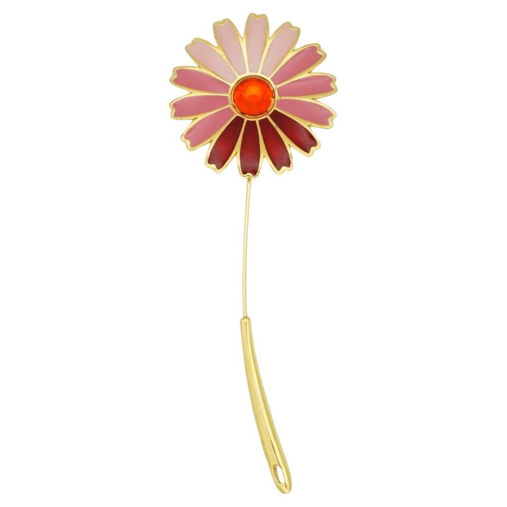Givenchy Vintage 1979 Gripoix Red Crystal Pink Enamel Daisy Flower Long Brooch For Sale