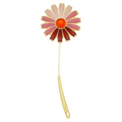 Givenchy Vintage 1979 Gripoix Red Crystal Pink Enamel Daisy Flower Long Brooch