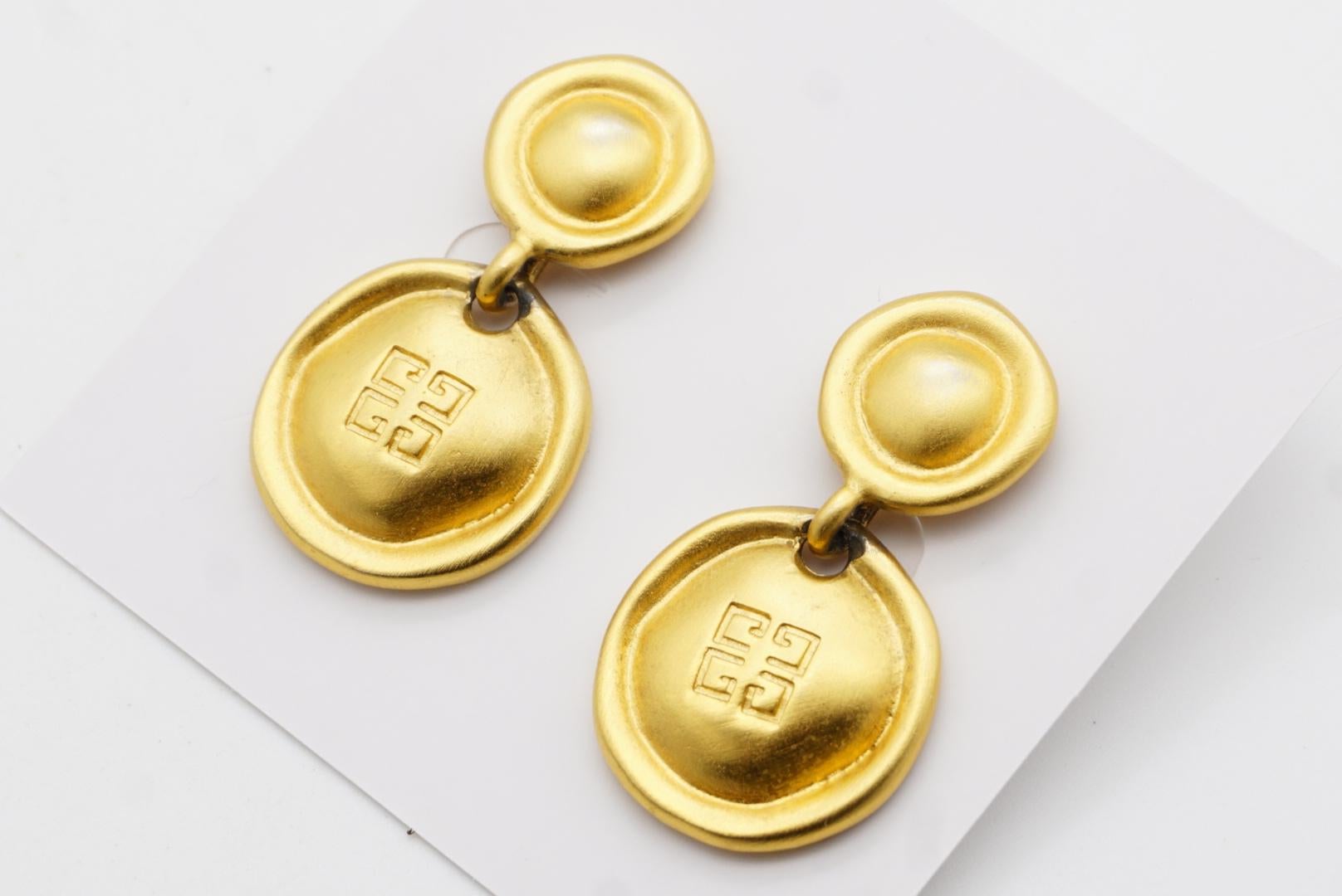 Givenchy Vintage 1980 4G Logo Monogram Double Button Drop Gold Pierced Earrings For Sale 2
