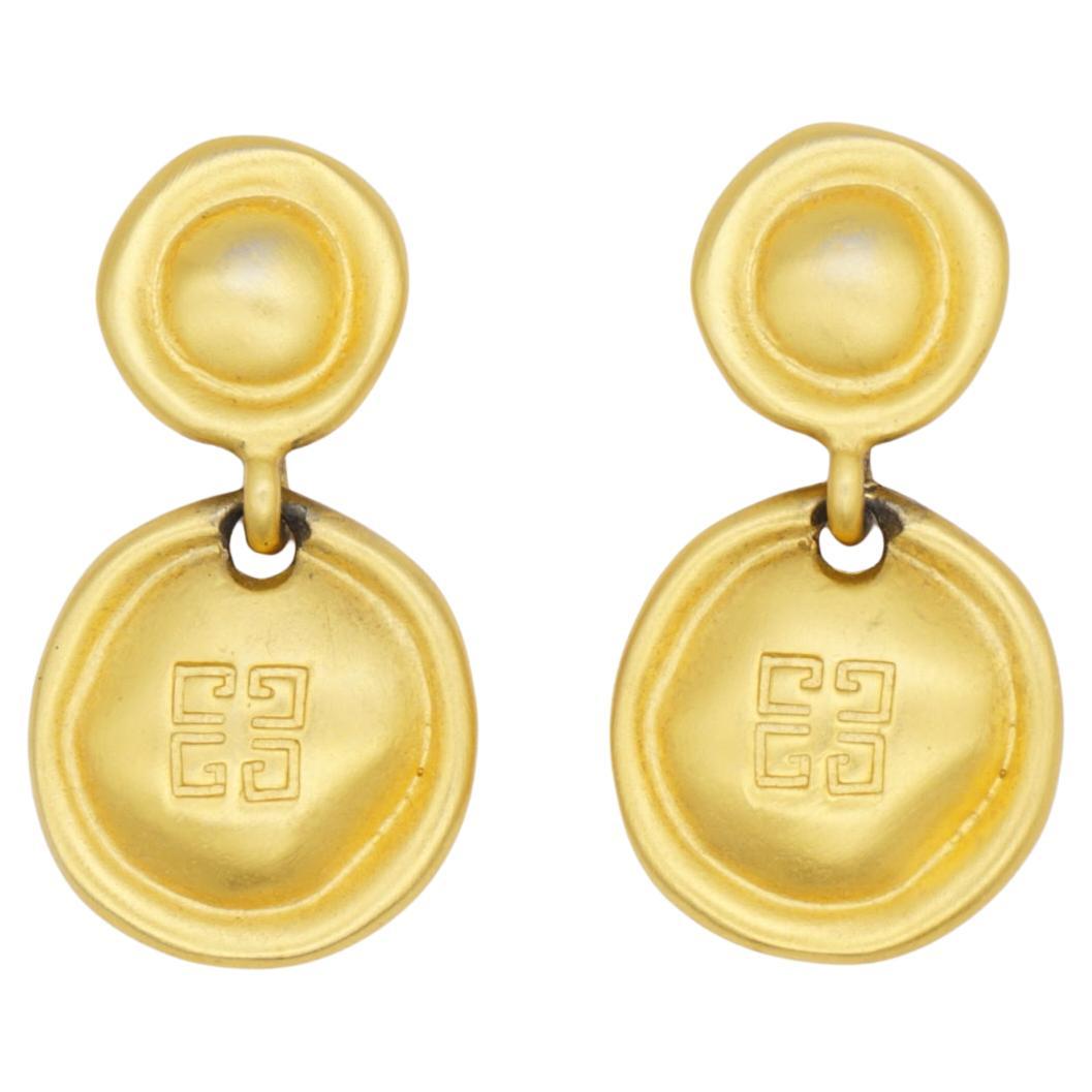 Givenchy Vintage 1980 4G Logo Monogram Double Button Drop Gold Pierced Earrings For Sale