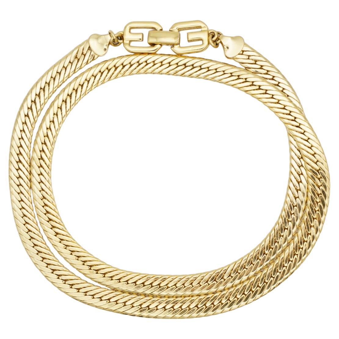 Givenchy Vintage 1980 Long Logo Interlocked Chain Link Flat Snake Curb Necklace For Sale