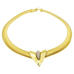 Givenchy Vintage 1980 Triangle Arrow Crystals Omega Ribbed Silver Gold Necklace
