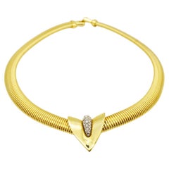 Givenchy Vintage 1980 Triangle Arrow Crystals Silver Gold Omega Ribbed Necklace