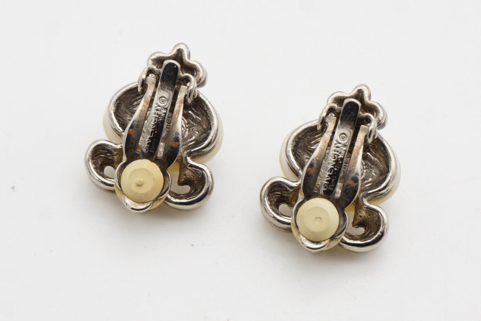 Givenchy Vintage 1980 White Oval Pearl Fleur De Lis Lily Filigree Clip Earrings For Sale 6