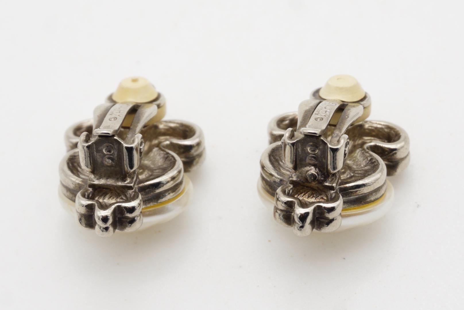 Givenchy Vintage 1980 White Oval Pearl Fleur De Lis Lily Filigree Clip Earrings For Sale 7