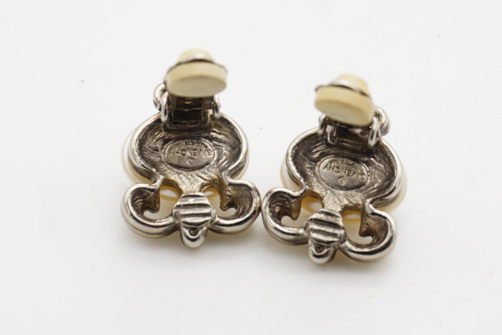 Givenchy Vintage 1980 White Oval Pearl Fleur De Lis Lily Filigree Clip Earrings For Sale 8